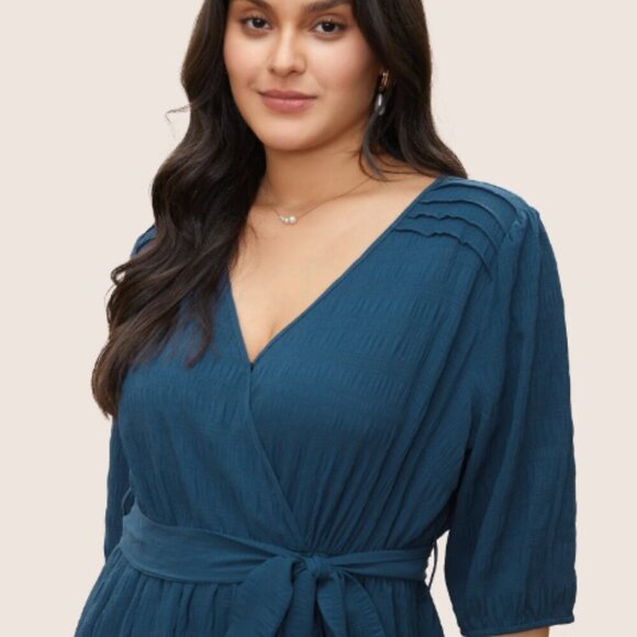 BloomChic Plus Size Plisse Overlap Collar Belted Pleated Detail Dress - Picture 3 of 7